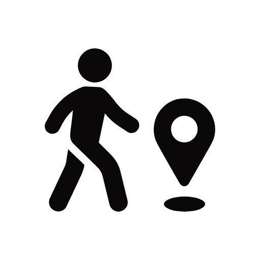 A black and white graphic of a person walking towards a location icon