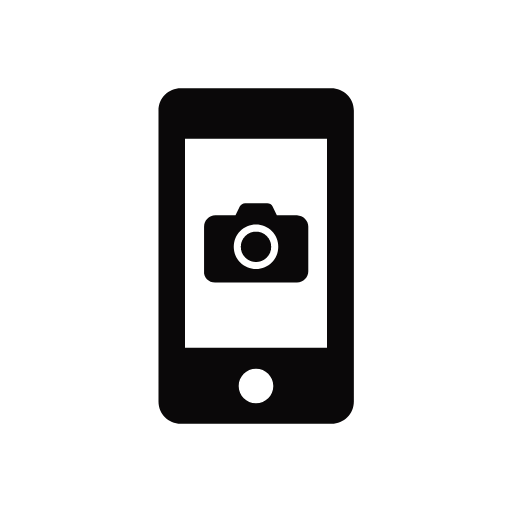 A black and white graphic of smart phone with a camera icon on the screen