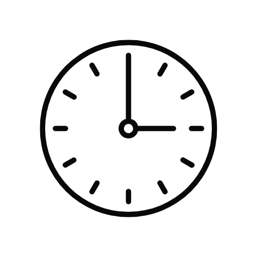 A black and white graphic of an analog clock set to 3:00 PM